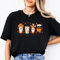 Fall Coffee Sweatshirt and T-Shirt, Pumpkin Spice Ghost Graphic Tee, Autumn Leaves Coffee Shirt, Cute Halloween Coffee Lover Shirt, Cozy Fall Season Gift for Women