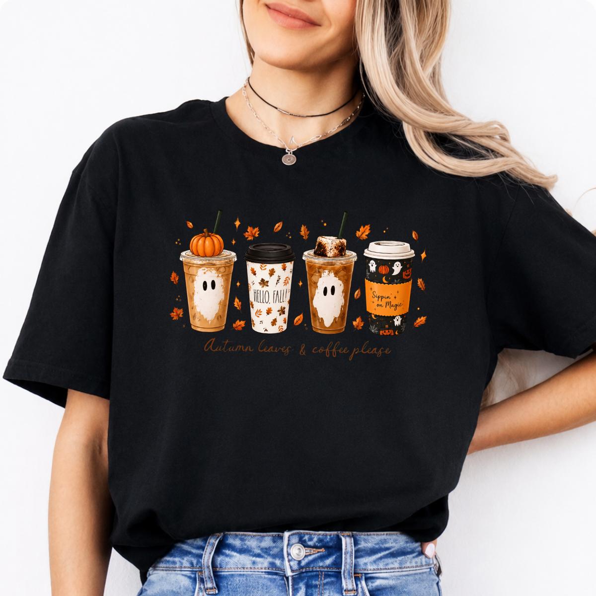 Fall Coffee Sweatshirt and T-Shirt, Pumpkin Spice Ghost Graphic Tee, Autumn Leaves Coffee Shirt, Cute Halloween Coffee Lover Shirt, Cozy Fall Season Gift for Women