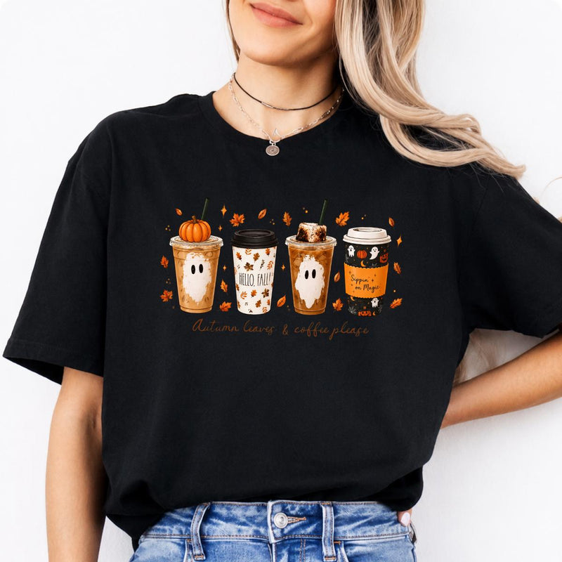 Fall Coffee Sweatshirt and T-Shirt, Pumpkin Spice Ghost Graphic Tee, Autumn Leaves Coffee Shirt, Cute Halloween Coffee Lover Shirt, Cozy Fall Season Gift for Women