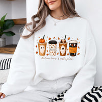 Fall Coffee Sweatshirt and T-Shirt, Pumpkin Spice Ghost Graphic Tee, Autumn Leaves Coffee Shirt, Cute Halloween Coffee Lover Shirt, Cozy Fall Season Gift for Women