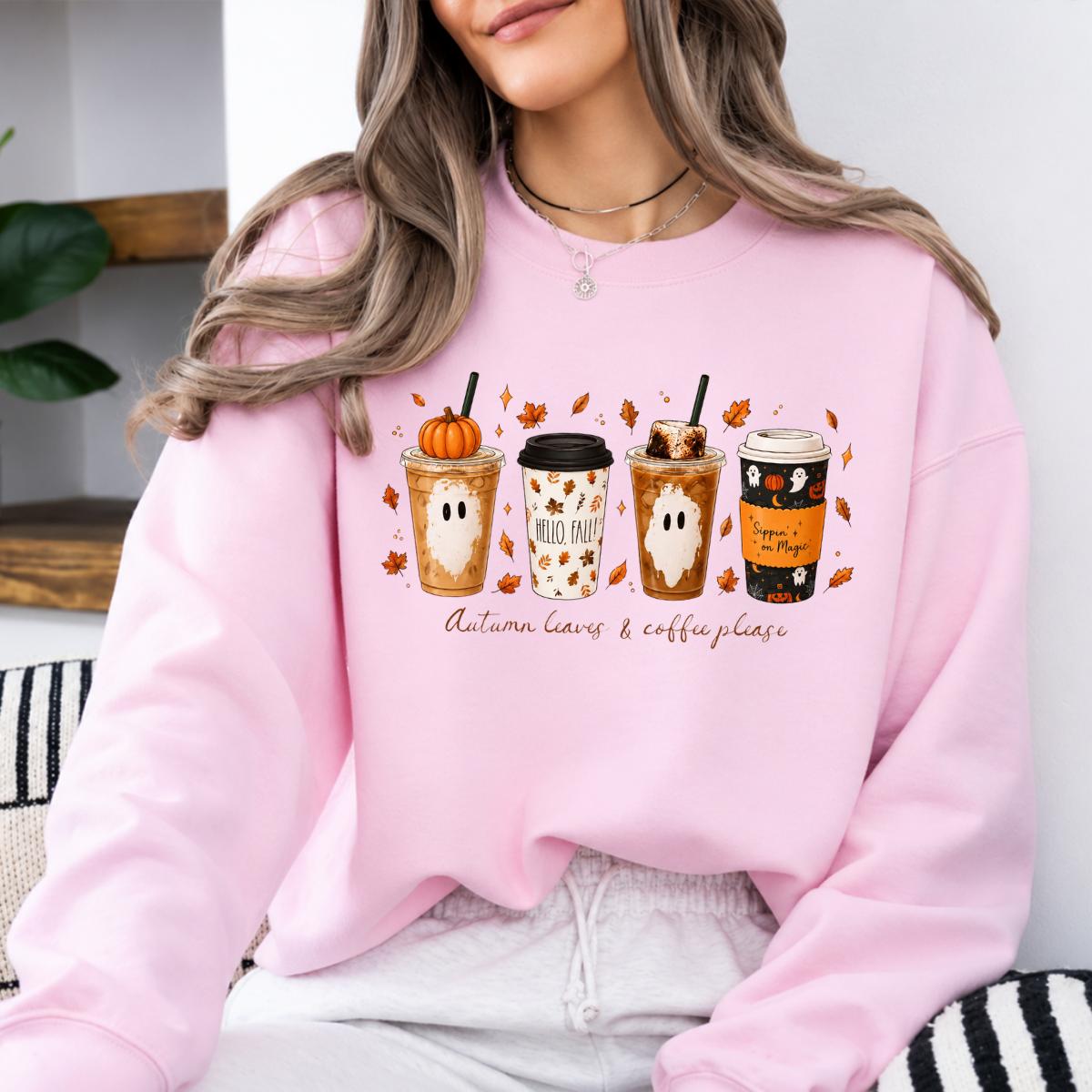 Fall Coffee Sweatshirt and T-Shirt, Pumpkin Spice Ghost Graphic Tee, Autumn Leaves Coffee Shirt, Cute Halloween Coffee Lover Shirt, Cozy Fall Season Gift for Women