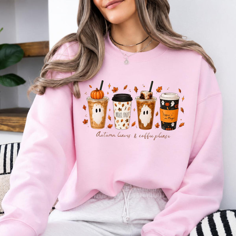 Fall Coffee Sweatshirt and T-Shirt, Pumpkin Spice Ghost Graphic Tee, Autumn Leaves Coffee Shirt, Cute Halloween Coffee Lover Shirt, Cozy Fall Season Gift for Women