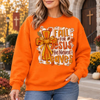Fall for Jesus Christian Autumn Quote Sweatshirt, Faith Cross Pumpkin Bow Graphic for Women