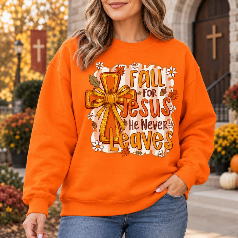 Fall for Jesus Christian Autumn Quote Sweatshirt, Faith Cross Pumpkin Bow Graphic for Women