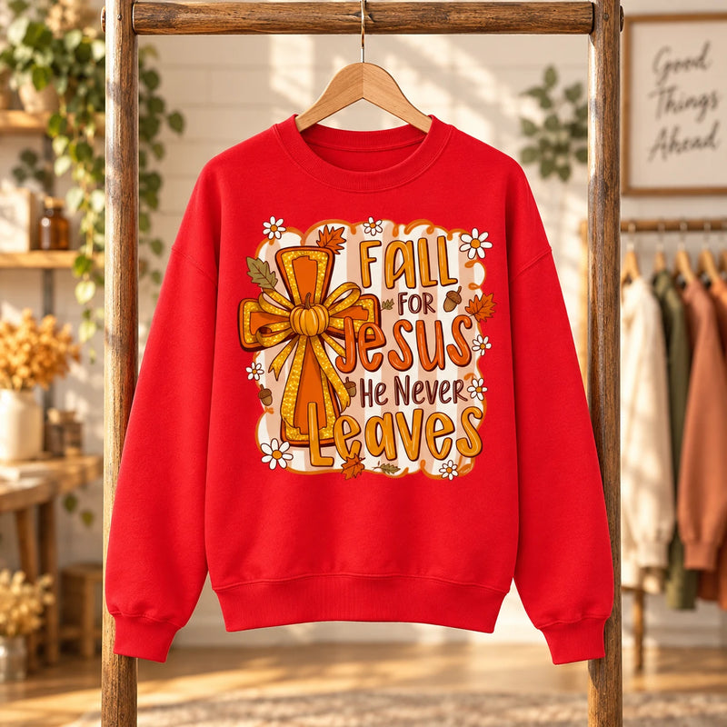 Fall for Jesus Christian Autumn Quote Sweatshirt, Faith Cross Pumpkin Bow Graphic for Women
