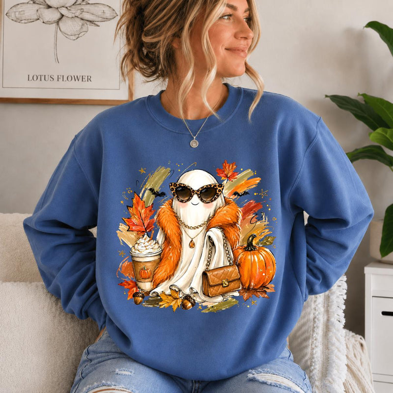 Fall Ghost Sweatshirt and T-Shirt, Cute Pumpkin Spice Ghost Graphic Tee, Fashion Ghost with Leopard Sunglasses, Autumn Pumpkin Shirt, Halloween Fall Shirt, Cozy Gift for Women