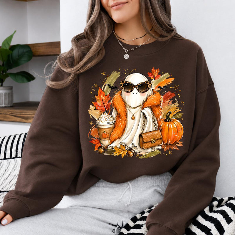 Fall Ghost Sweatshirt and T-Shirt, Cute Pumpkin Spice Ghost Graphic Tee, Fashion Ghost with Leopard Sunglasses, Autumn Pumpkin Shirt, Halloween Fall Shirt, Cozy Gift for Women