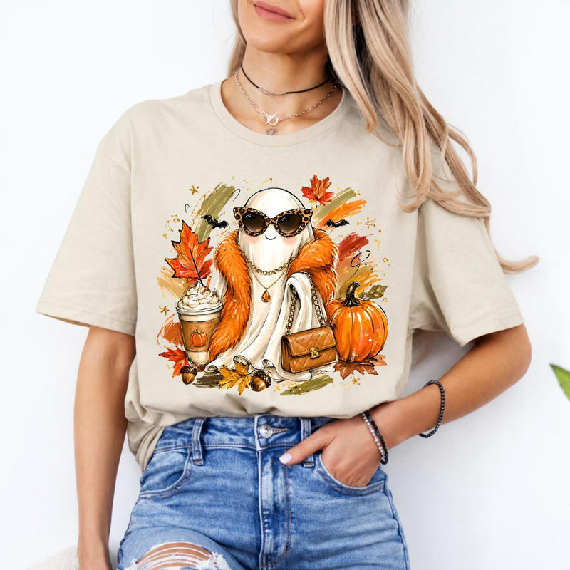 Fall Ghost Sweatshirt and T-Shirt, Cute Pumpkin Spice Ghost Graphic Tee, Fashion Ghost with Leopard Sunglasses, Autumn Pumpkin Shirt, Halloween Fall Shirt, Cozy Gift for Women