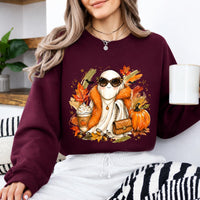 Fall Ghost Sweatshirt and T-Shirt, Cute Pumpkin Spice Ghost Graphic Tee, Fashion Ghost with Leopard Sunglasses, Autumn Pumpkin Shirt, Halloween Fall Shirt, Cozy Gift for Women