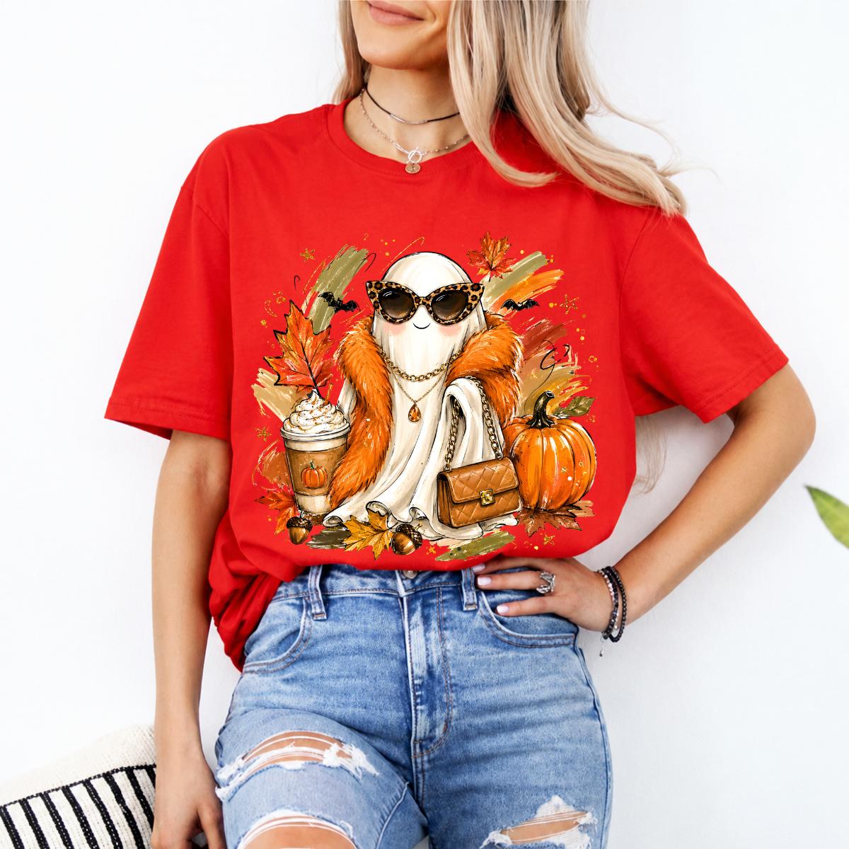 Fall Ghost Sweatshirt and T-Shirt, Cute Pumpkin Spice Ghost Graphic Tee, Fashion Ghost with Leopard Sunglasses, Autumn Pumpkin Shirt, Halloween Fall Shirt, Cozy Gift for Women