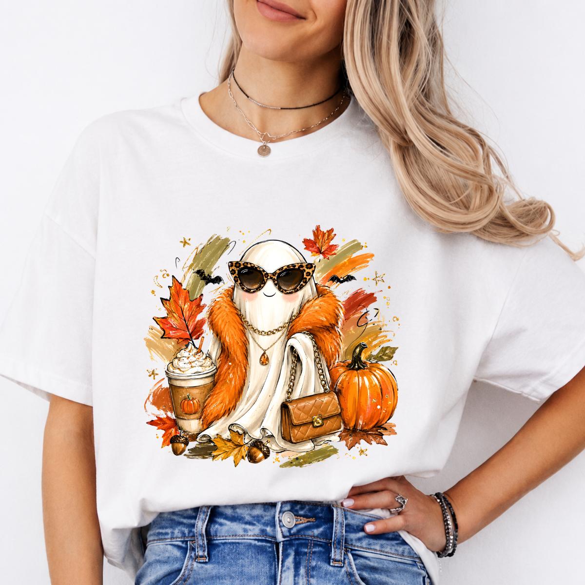 Fall Ghost Sweatshirt and T-Shirt, Cute Pumpkin Spice Ghost Graphic Tee, Fashion Ghost with Leopard Sunglasses, Autumn Pumpkin Shirt, Halloween Fall Shirt, Cozy Gift for Women