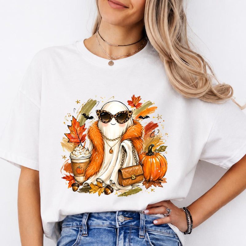 Fall Ghost Sweatshirt and T-Shirt, Cute Pumpkin Spice Ghost Graphic Tee, Fashion Ghost with Leopard Sunglasses, Autumn Pumpkin Shirt, Halloween Fall Shirt, Cozy Gift for Women