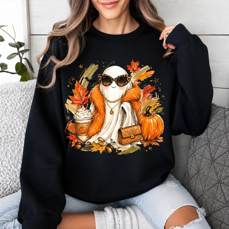 Fall Ghost Sweatshirt and T-Shirt, Cute Pumpkin Spice Ghost Graphic Tee, Fashion Ghost with Leopard Sunglasses, Autumn Pumpkin Shirt, Halloween Fall Shirt, Cozy Gift for Women