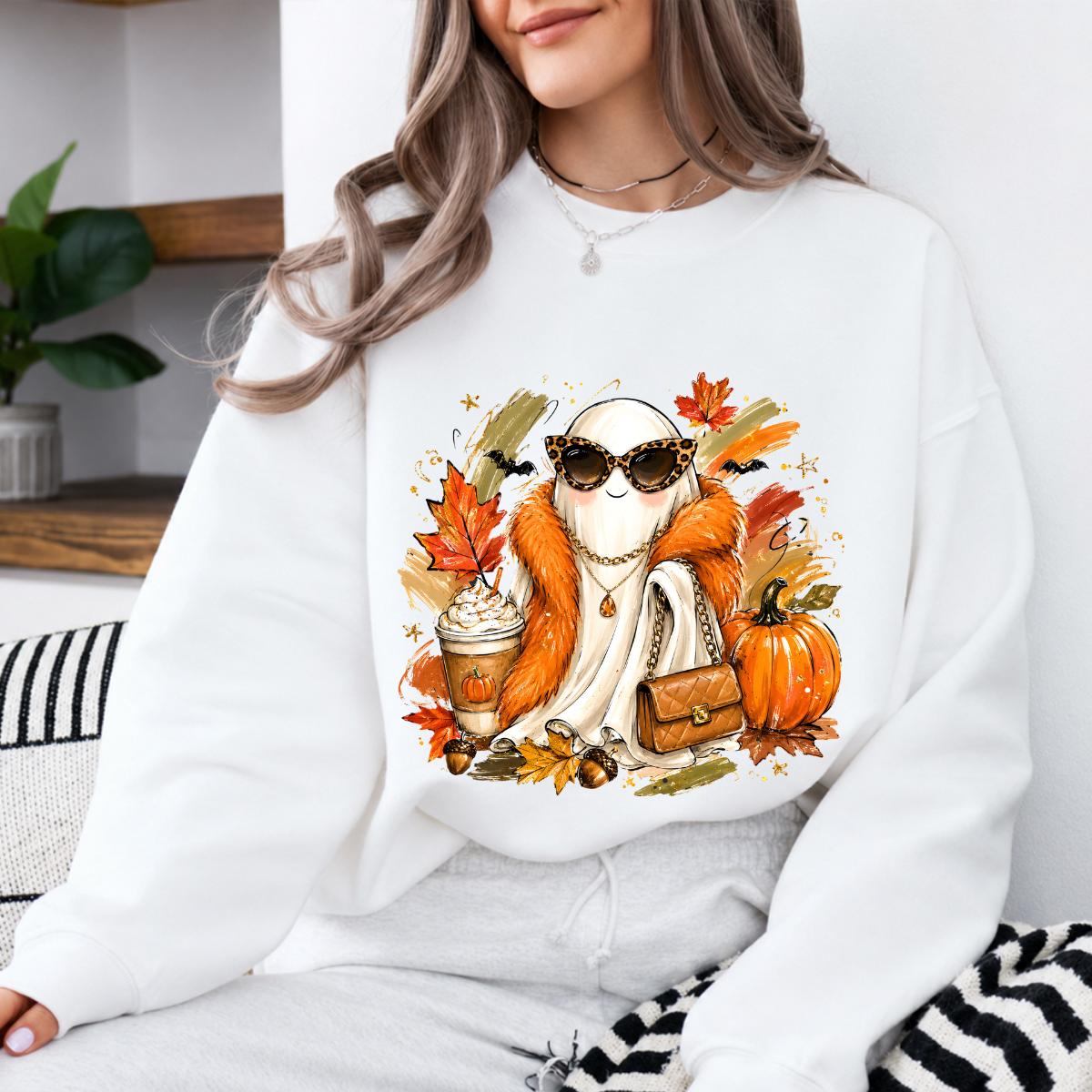 Fall Ghost Sweatshirt and T-Shirt, Cute Pumpkin Spice Ghost Graphic Tee, Fashion Ghost with Leopard Sunglasses, Autumn Pumpkin Shirt, Halloween Fall Shirt, Cozy Gift for Women