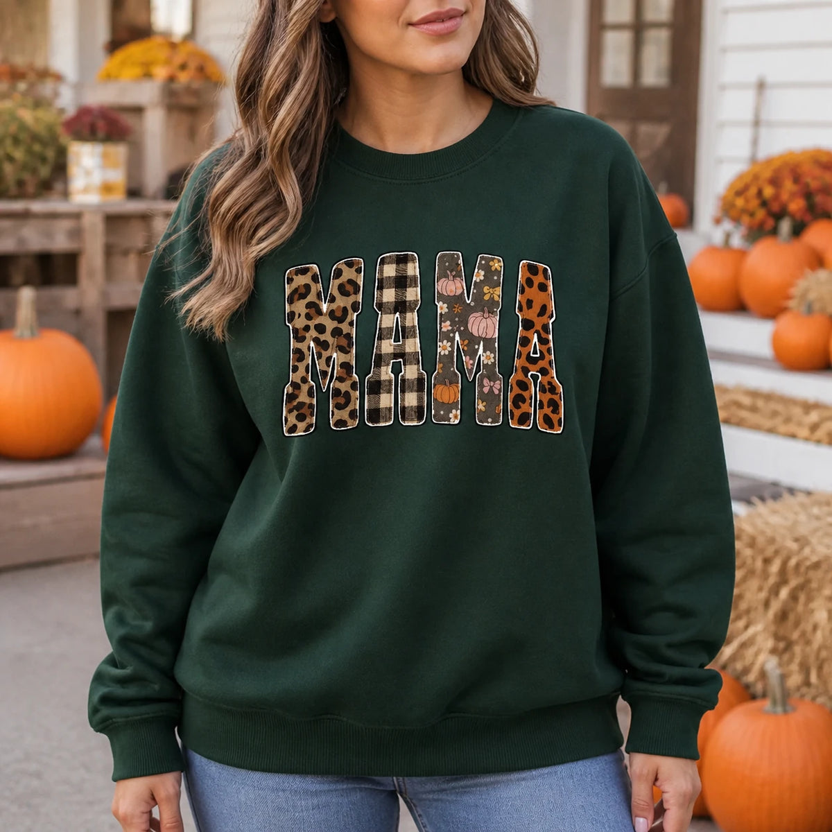 Fall Mama Sweatshirt, Leopard Pumpkin Patchwork Mom Graphic