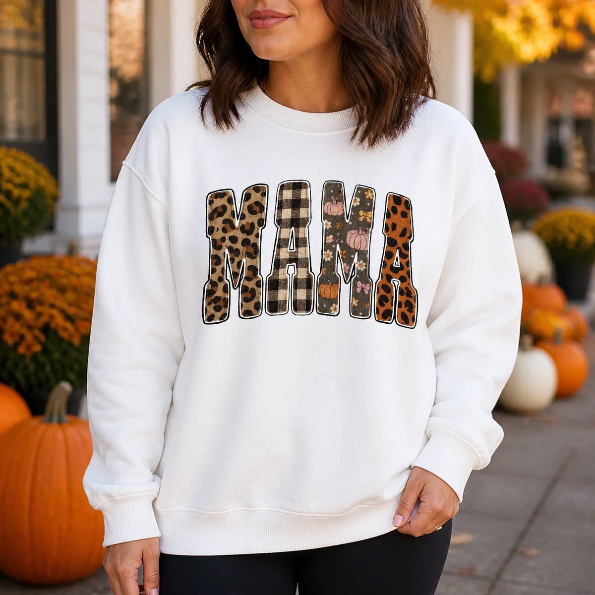 Fall Mama Sweatshirt, Leopard Pumpkin Patchwork Mom Graphic