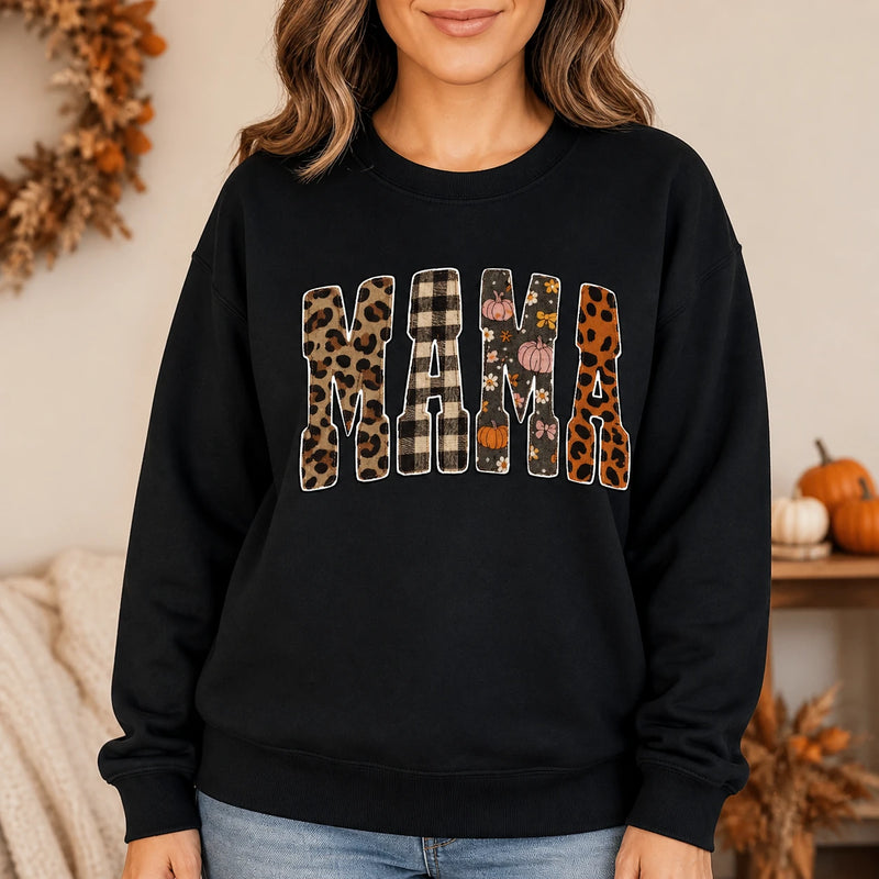 Fall Mama Sweatshirt, Leopard Pumpkin Patchwork Mom Graphic