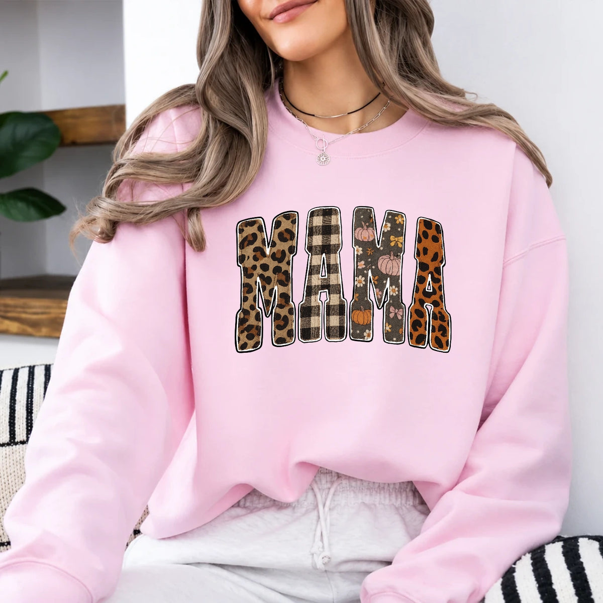 Fall Mama Sweatshirt, Mama Patchwork Fall Mom Unisex Leopard Pumpkin Floral Design
