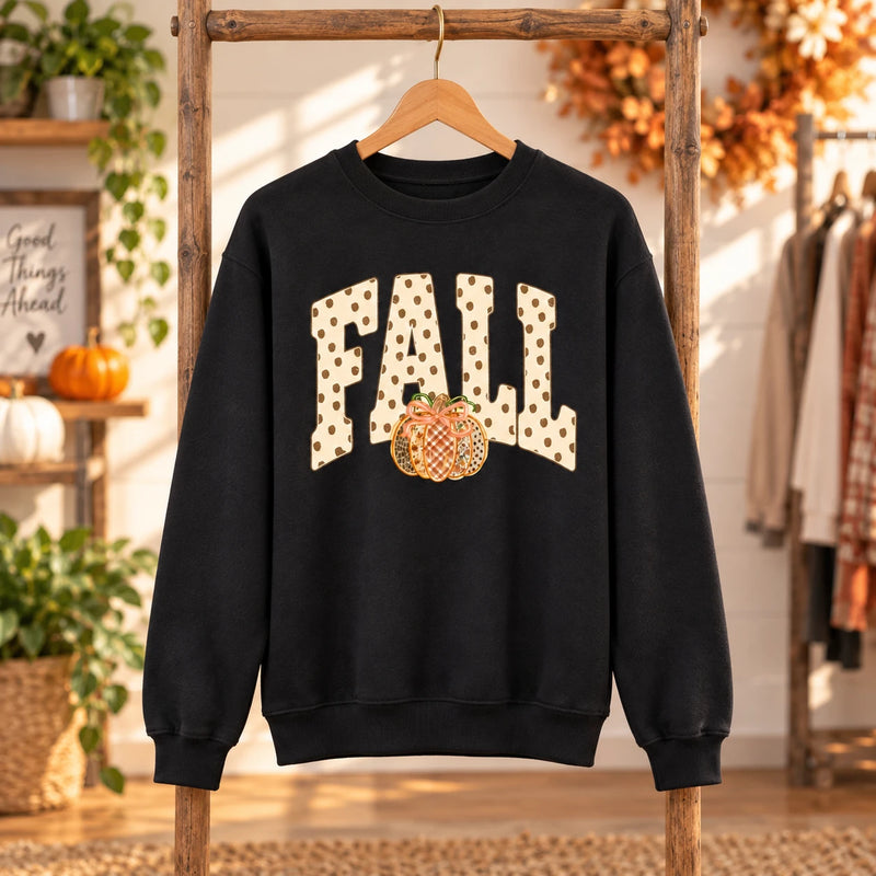 Fall Pumpkin Graphic Sweatshirt and T-Shirt, Polka Dot FALL, Coquette Bow Pumpkin Autumn Thanksgiving Shirt for Women