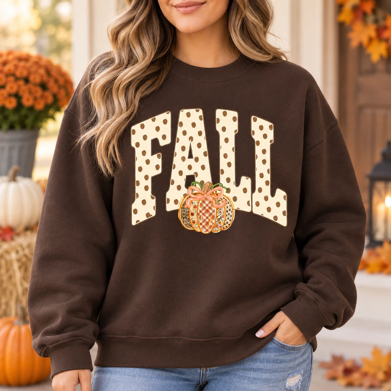 Fall Pumpkin Graphic Sweatshirt and T-Shirt, Polka Dot FALL, Coquette Bow Pumpkin Autumn Thanksgiving Shirt for Women
