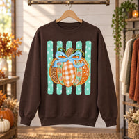 Fall Pumpkin Sweatshirt and T-Shirt, Blue Bow Pumpkin Graphic, Thanksgiving Women's Coquette Leopard Floral Gingham Top