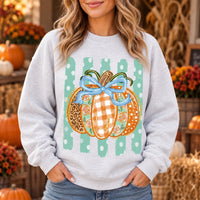 Fall Pumpkin Sweatshirt and T-Shirt, Blue Bow Pumpkin Graphic, Thanksgiving Women's Coquette Leopard Floral Gingham Top