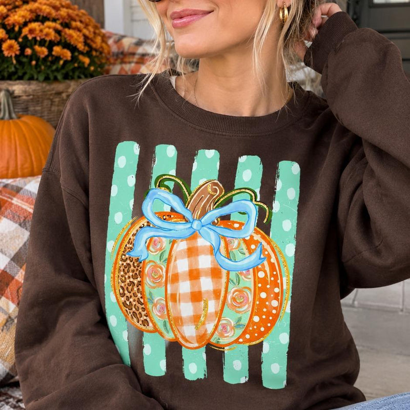 Fall Pumpkin Sweatshirt and T-Shirt, Blue Bow Pumpkin, Thanksgiving Women, Coquette Leopard Floral Gingham Design