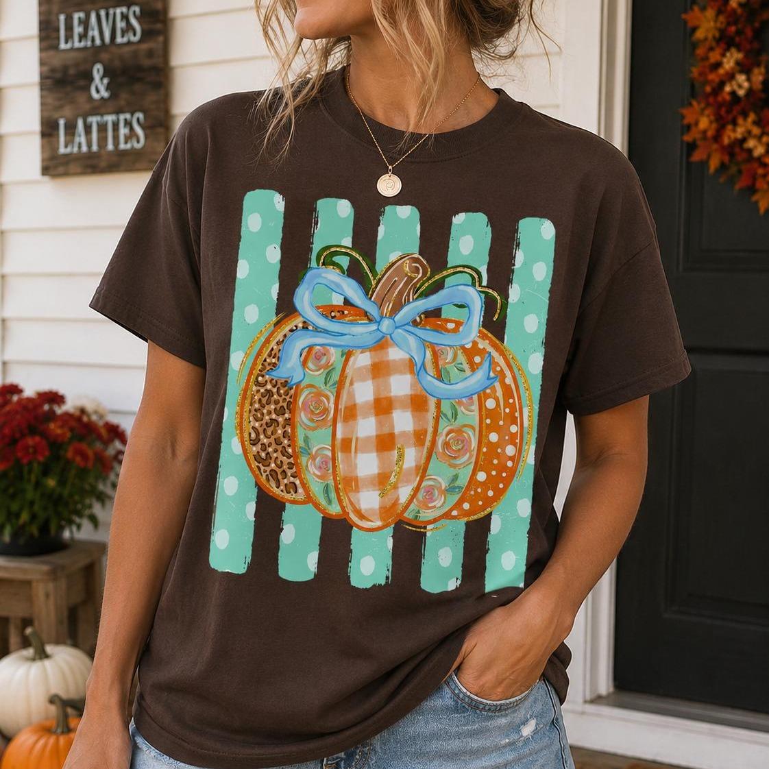 Fall Pumpkin Sweatshirt and T-Shirt, Blue Bow Pumpkin, Thanksgiving Women, Coquette Leopard Floral Gingham Design