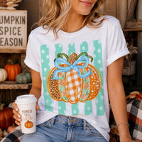 Fall Pumpkin Sweatshirt and T-Shirt, Blue Bow Pumpkin, Thanksgiving Women, Coquette Leopard Floral Gingham Design
