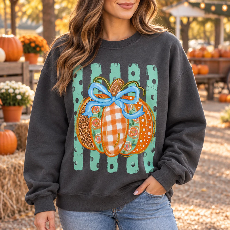 Fall Pumpkin Sweatshirt and T-Shirt, Blue Bow Pumpkin Graphic, Thanksgiving Women's Coquette Leopard Floral Gingham Top