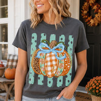 Fall Pumpkin Sweatshirt and T-Shirt, Blue Bow Pumpkin, Thanksgiving Women, Coquette Leopard Floral Gingham Design
