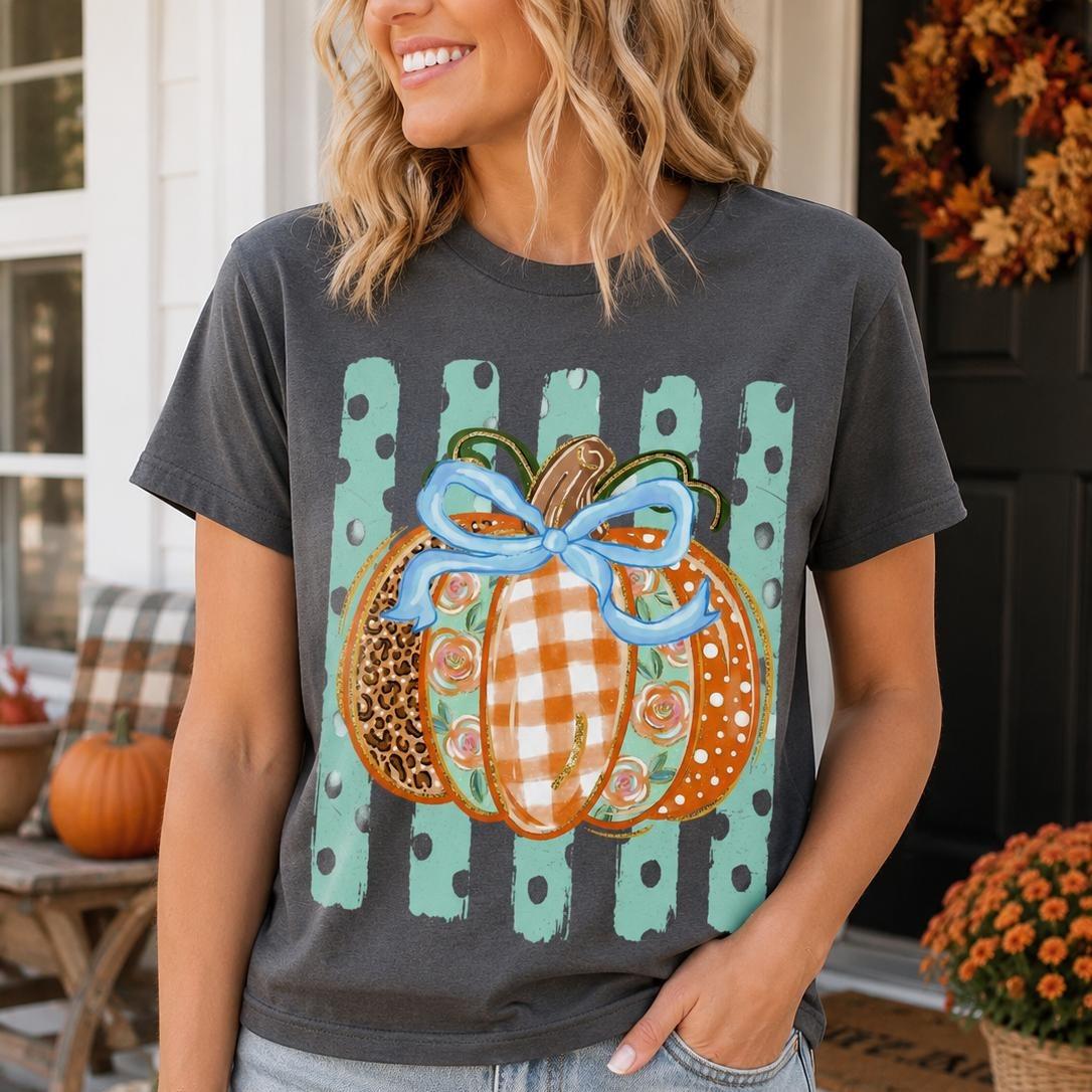 Fall Pumpkin Sweatshirt and T-Shirt, Blue Bow Pumpkin, Thanksgiving Women, Coquette Leopard Floral Gingham Design