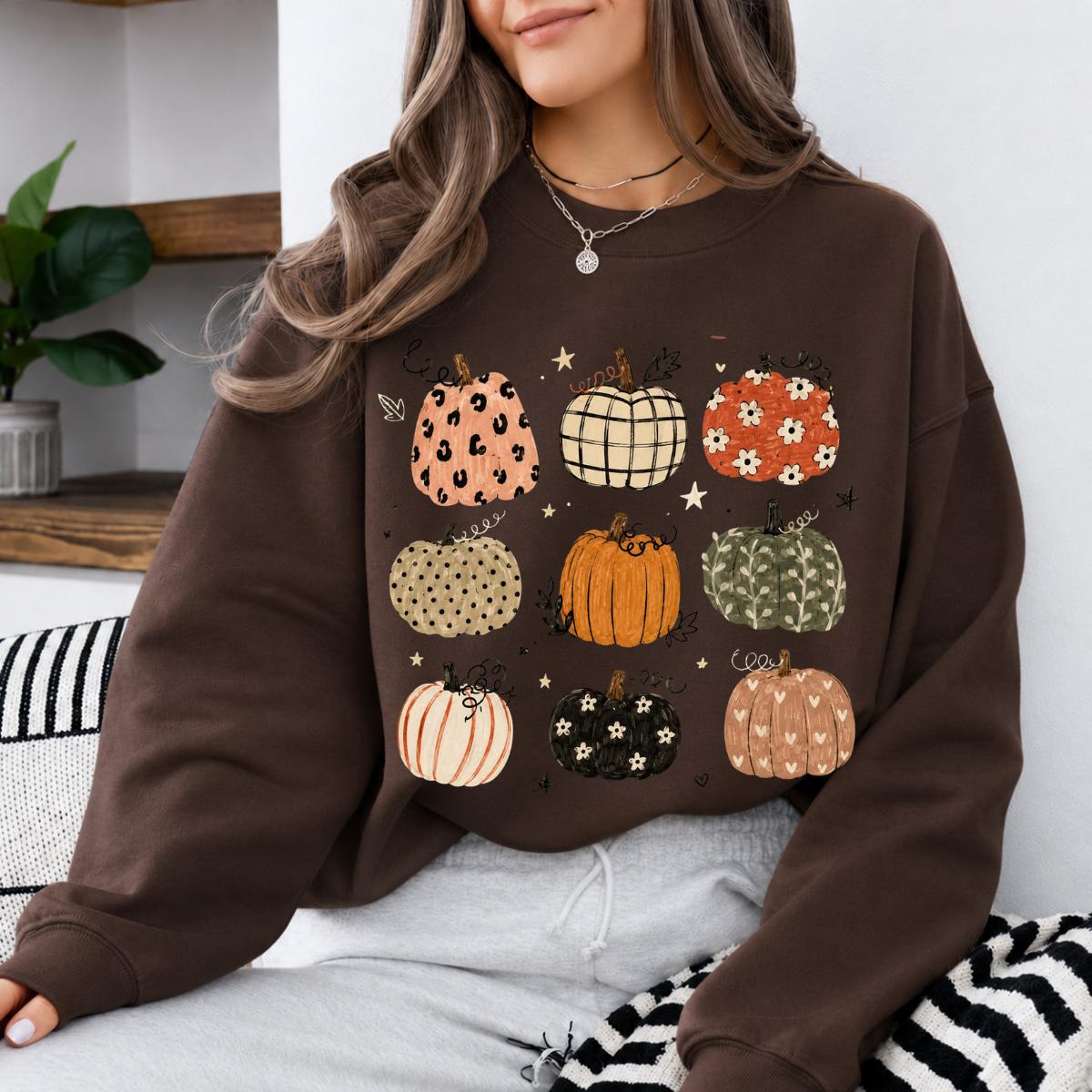 Fall Pumpkin Sweatshirt and T-Shirt Cute Patterned Pumpkins Autumn Women Cute Rustic Design