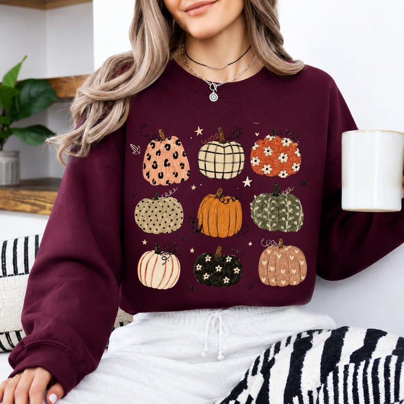 Fall Pumpkin Sweatshirt and T-Shirt Cute Patterned Pumpkins Autumn Women Cute Rustic Design
