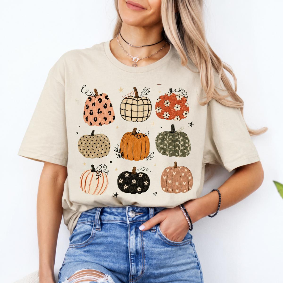 Fall Pumpkin Sweatshirt and T-Shirt Cute Patterned Pumpkins Autumn Women Cute Rustic Design