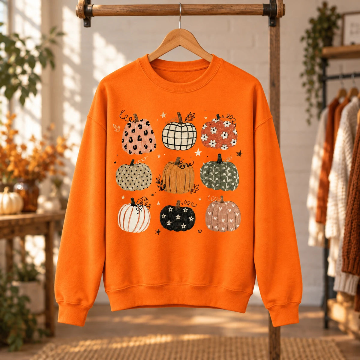 Fall Pumpkin Sweatshirt and T-Shirt Cute Patterned Pumpkin Autumn Graphic for Women