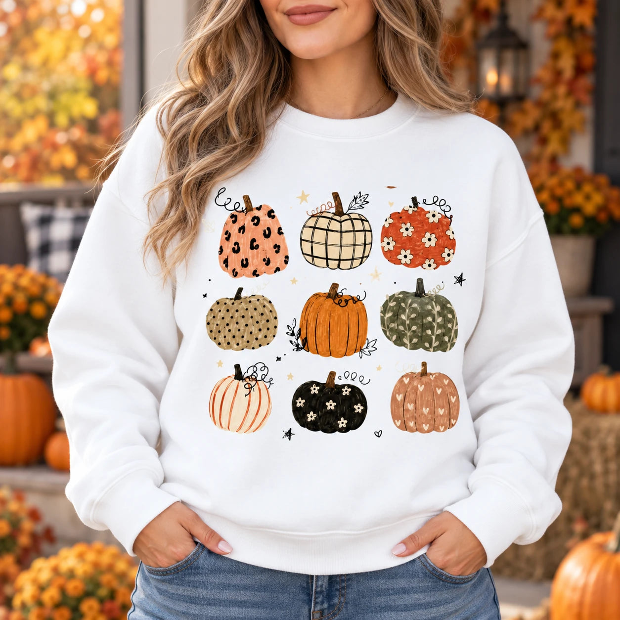 Fall Pumpkin Sweatshirt and T-Shirt Cute Patterned Pumpkin Autumn Graphic for Women
