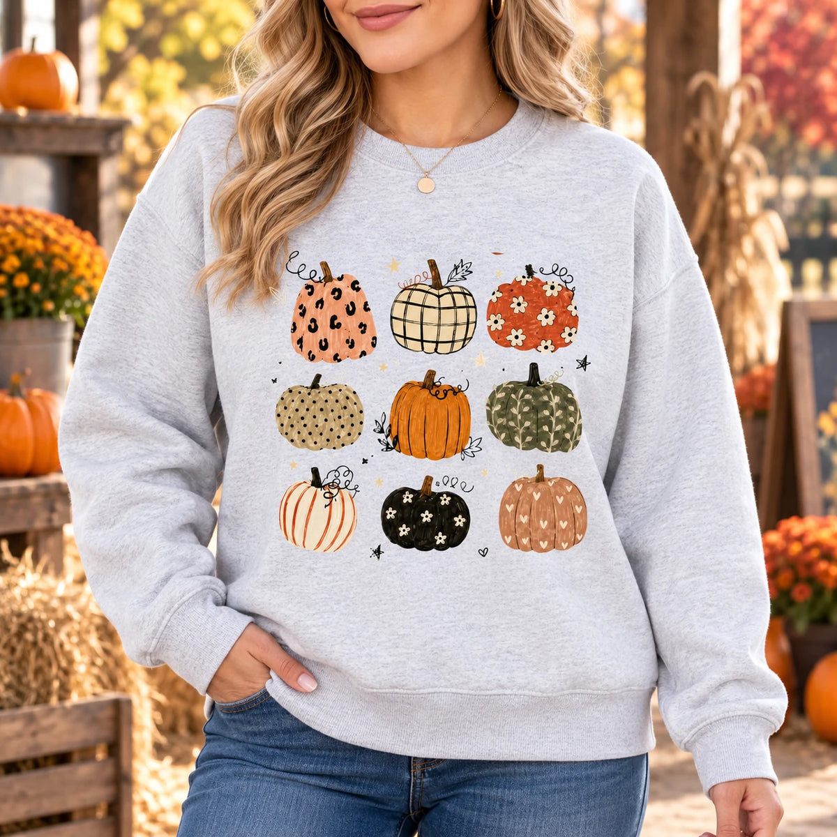 Fall Pumpkin Sweatshirt and T-Shirt Cute Patterned Pumpkin Autumn Graphic for Women