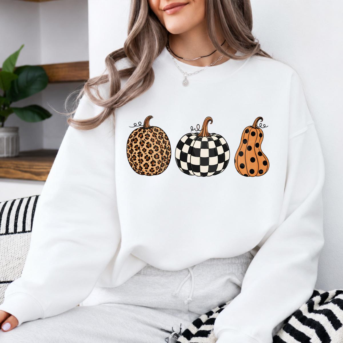 Fall Pumpkin Sweatshirt and T-Shirt, Leopard Checkered Pumpkin Graphic Tee, Polka Dot Autumn Pumpkin Shirt, Cute Halloween Thanksgiving Fall Gift for Women