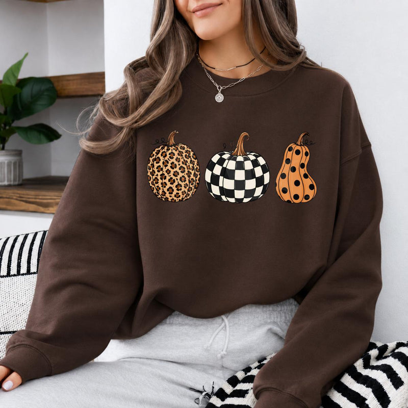 Fall Pumpkin Sweatshirt and T-Shirt, Leopard Checkered Pumpkin Graphic Tee, Polka Dot Autumn Pumpkin Shirt, Cute Halloween Thanksgiving Fall Gift for Women