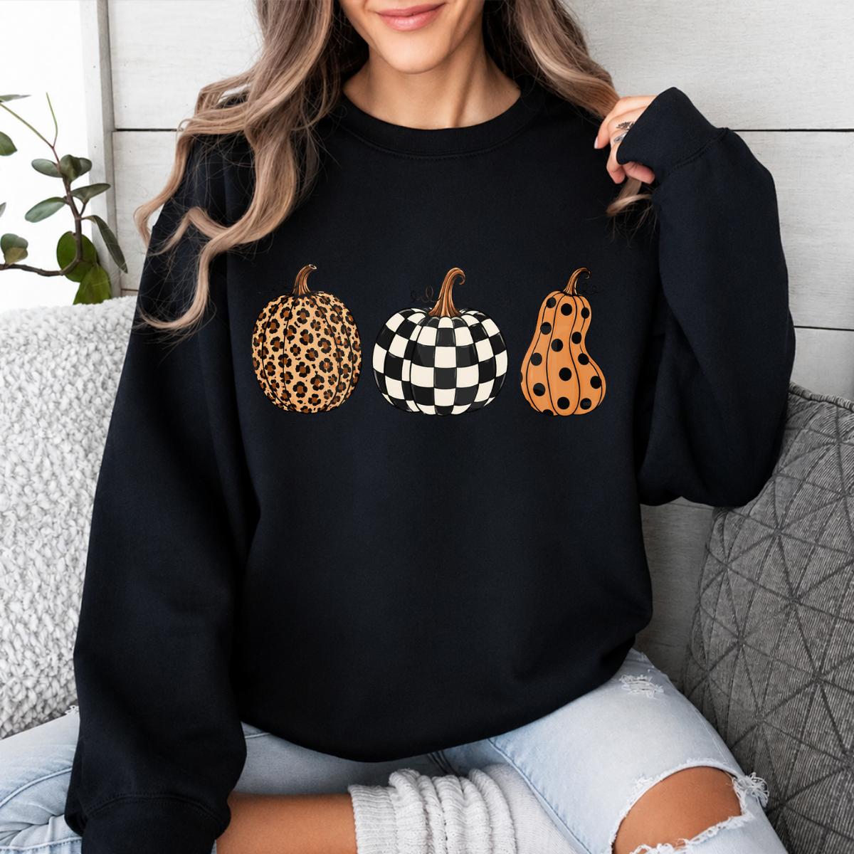 Fall Pumpkin Sweatshirt and T-Shirt, Leopard Checkered Pumpkin Graphic Tee, Polka Dot Autumn Pumpkin Shirt, Cute Halloween Thanksgiving Fall Gift for Women