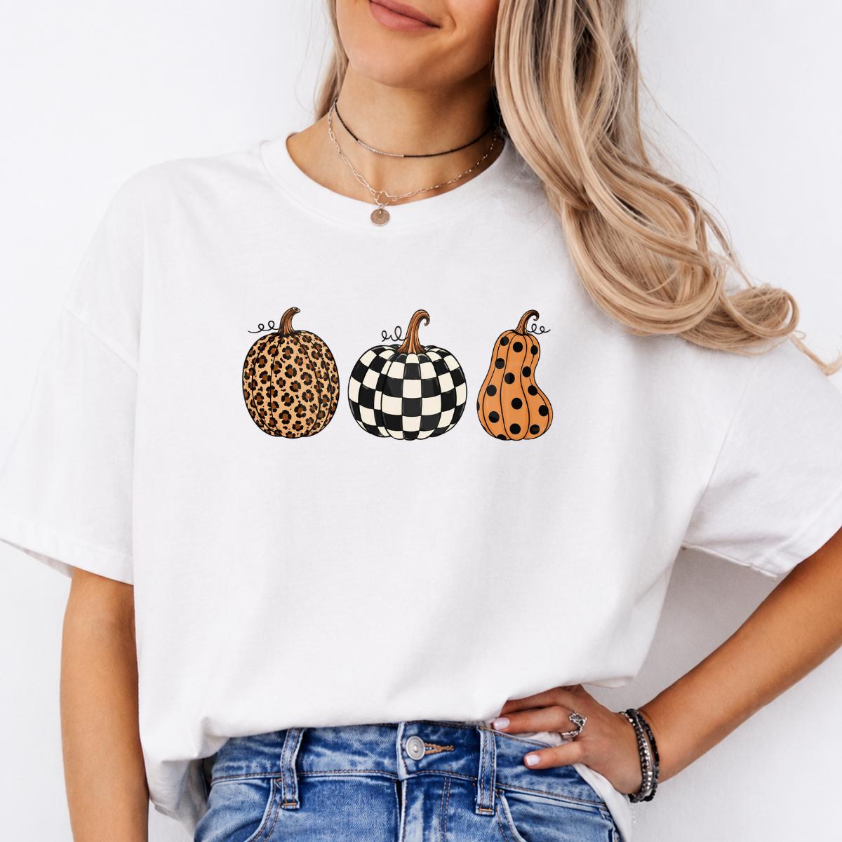 Fall Pumpkin Sweatshirt and T-Shirt, Leopard Checkered Pumpkin Graphic Tee, Polka Dot Autumn Pumpkin Shirt, Cute Halloween Thanksgiving Fall Gift for Women