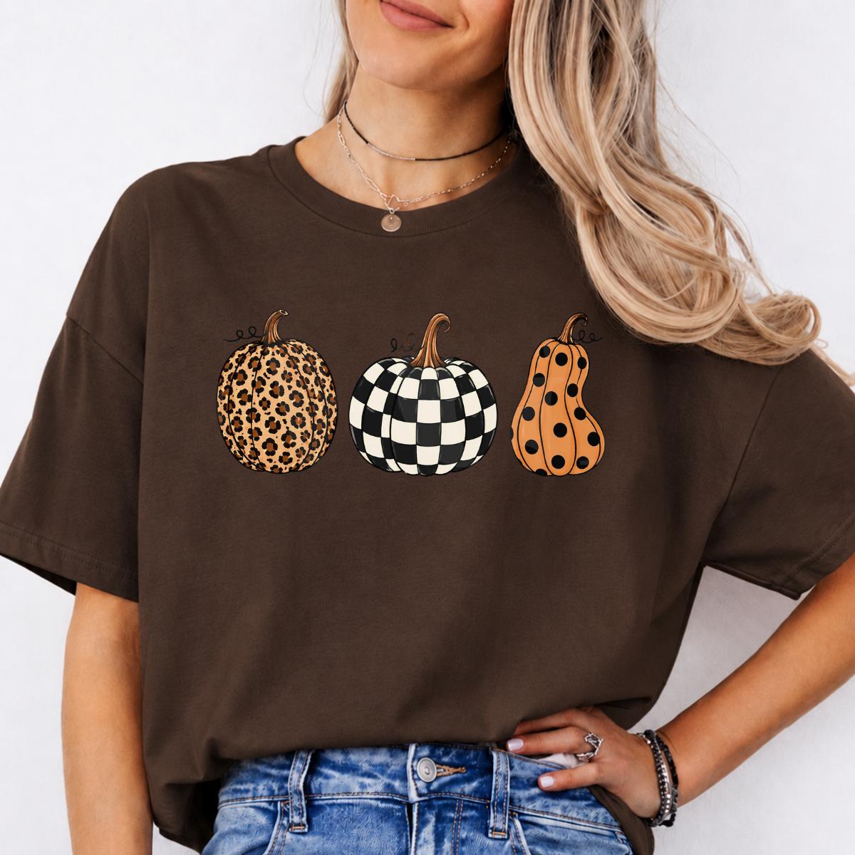 Fall Pumpkin Sweatshirt and T-Shirt, Leopard Checkered Pumpkin Graphic Tee, Polka Dot Autumn Pumpkin Shirt, Cute Halloween Thanksgiving Fall Gift for Women