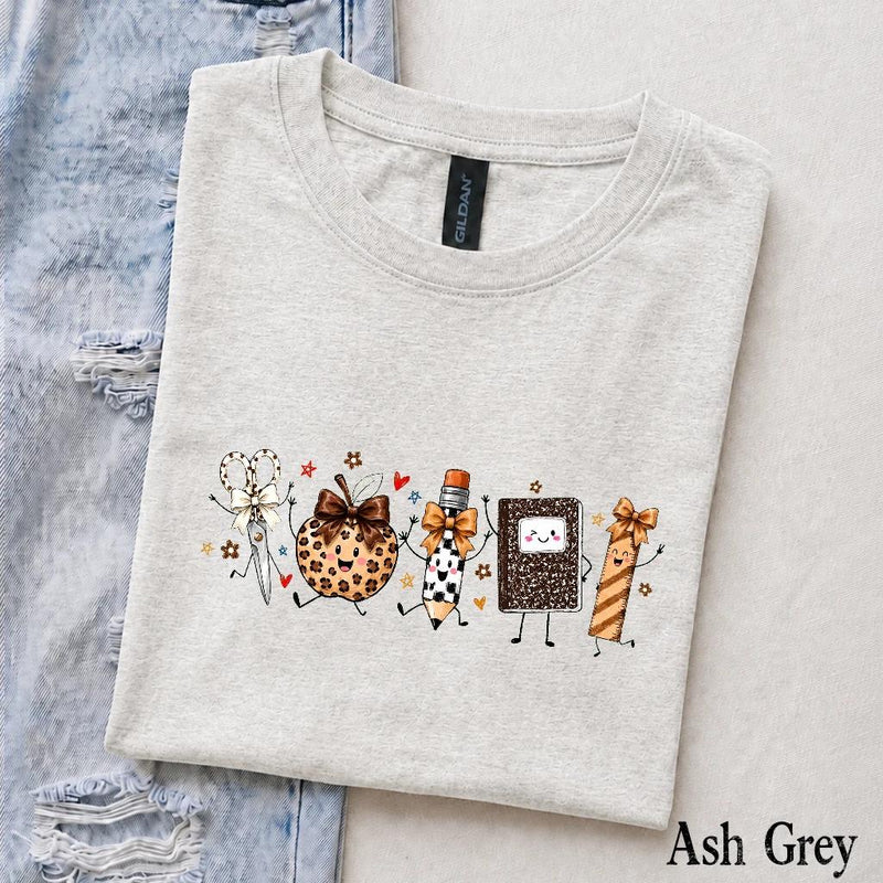 Fall Teacher T-Shirt School Supplies Leopard Pumpkin Back To School Classroom Women Cute Coquette