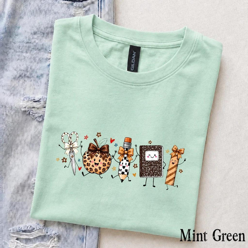 Fall Teacher T-Shirt School Supplies Leopard Pumpkin Back To School Classroom Women Cute Coquette