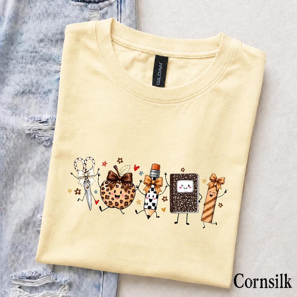 Fall Teacher T-Shirt School Supplies Leopard Pumpkin Back To School Classroom Women Cute Coquette