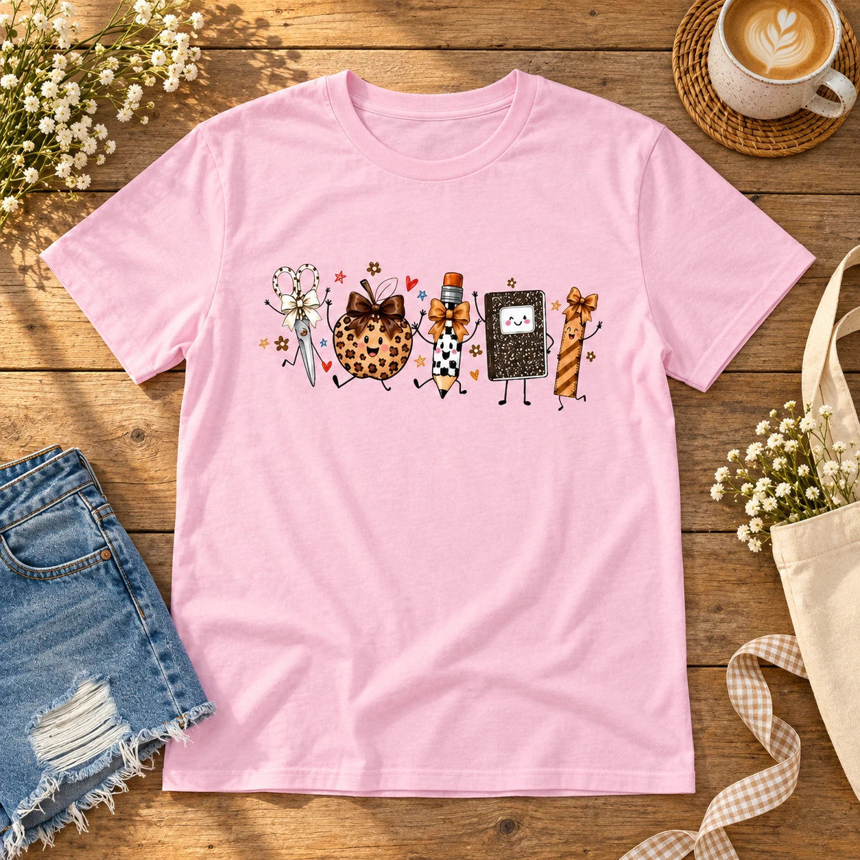 Fall Teacher T-Shirt with School Supplies Leopard Pumpkin Back To School Classroom