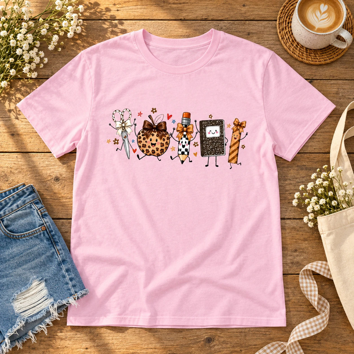 Fall Teacher T-Shirt with School Supplies Leopard Pumpkin Back To School Classroom
