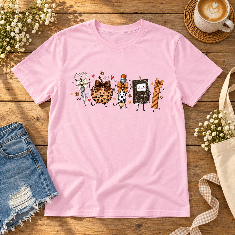 Fall Teacher T-Shirt with School Supplies Leopard Pumpkin Back To School Classroom