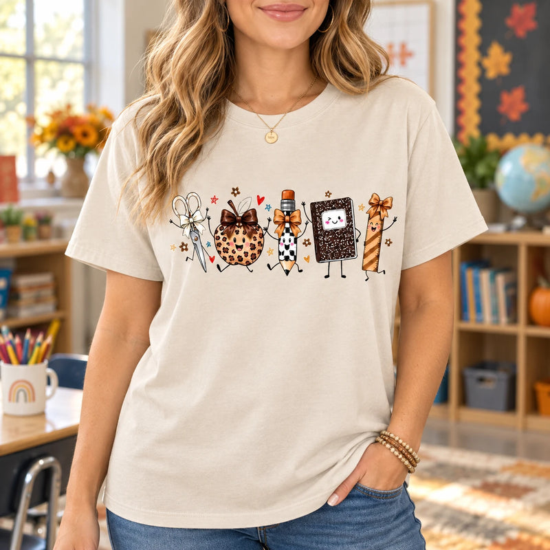 Fall Teacher T-Shirt with School Supplies Leopard Pumpkin Back To School Classroom